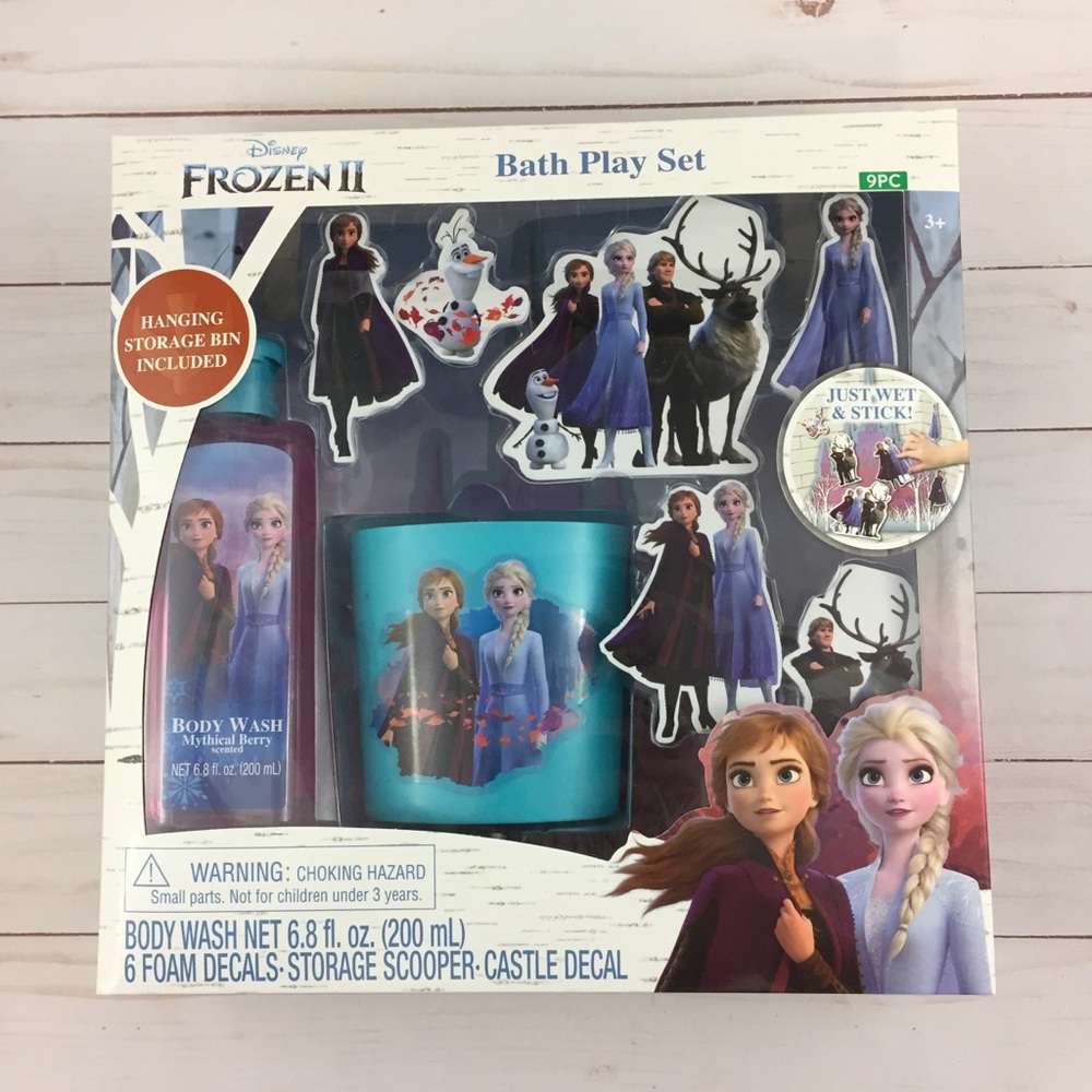 Disney Frozen II Bath Play Set Body Wash Foam Decals Storage Bin Elsa Anna